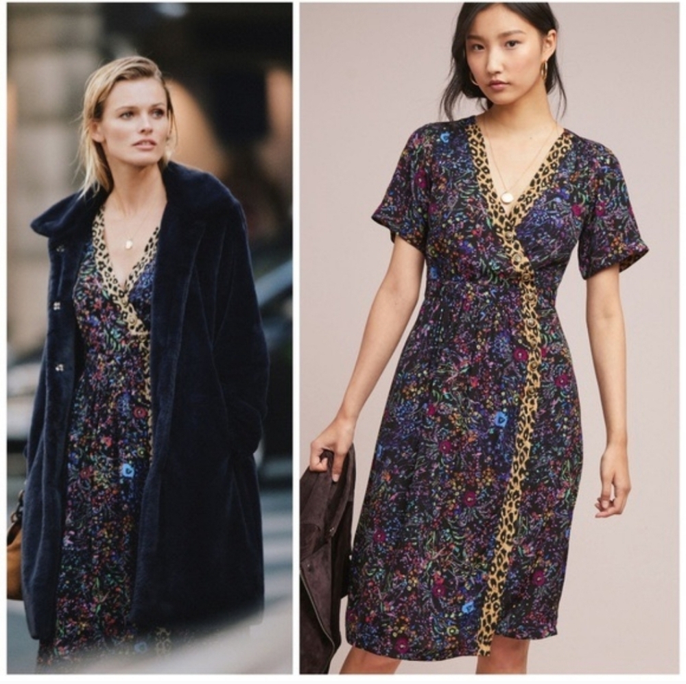 Anthropologie Maeve Morgan Floral Animal Print Short Sleeve Midi Dress 0